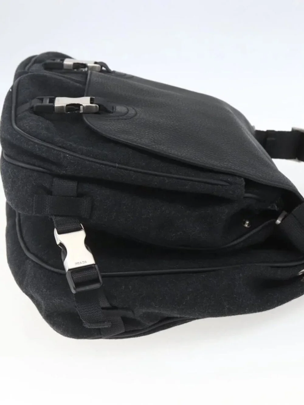 PRADA Shoulder Bag Wool Leather Black Silver